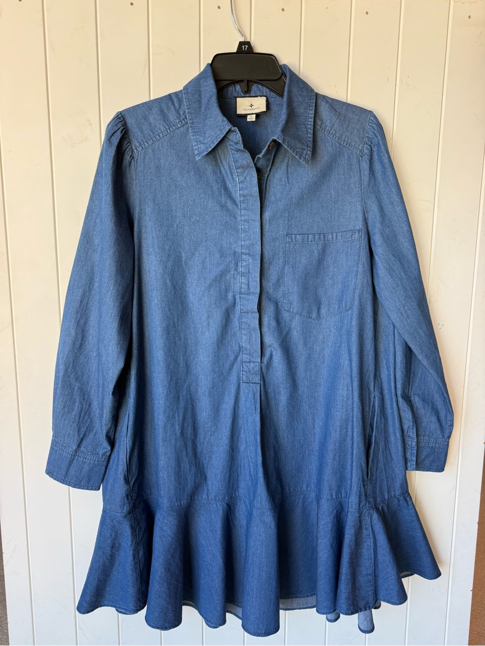 Tuckernut lightweight denim Shirt Dress flounce hem size S